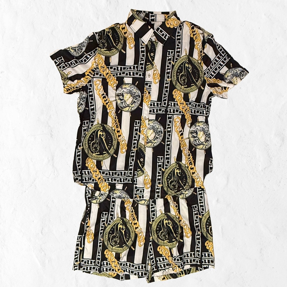 Daupanzees Shirt and Shorts Set Mens XL Black Gold Baroque Stripe NWT